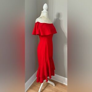 Boston Proper Cocktail Dress Women's 0 Red Off The Shoulder Ruffle Layered